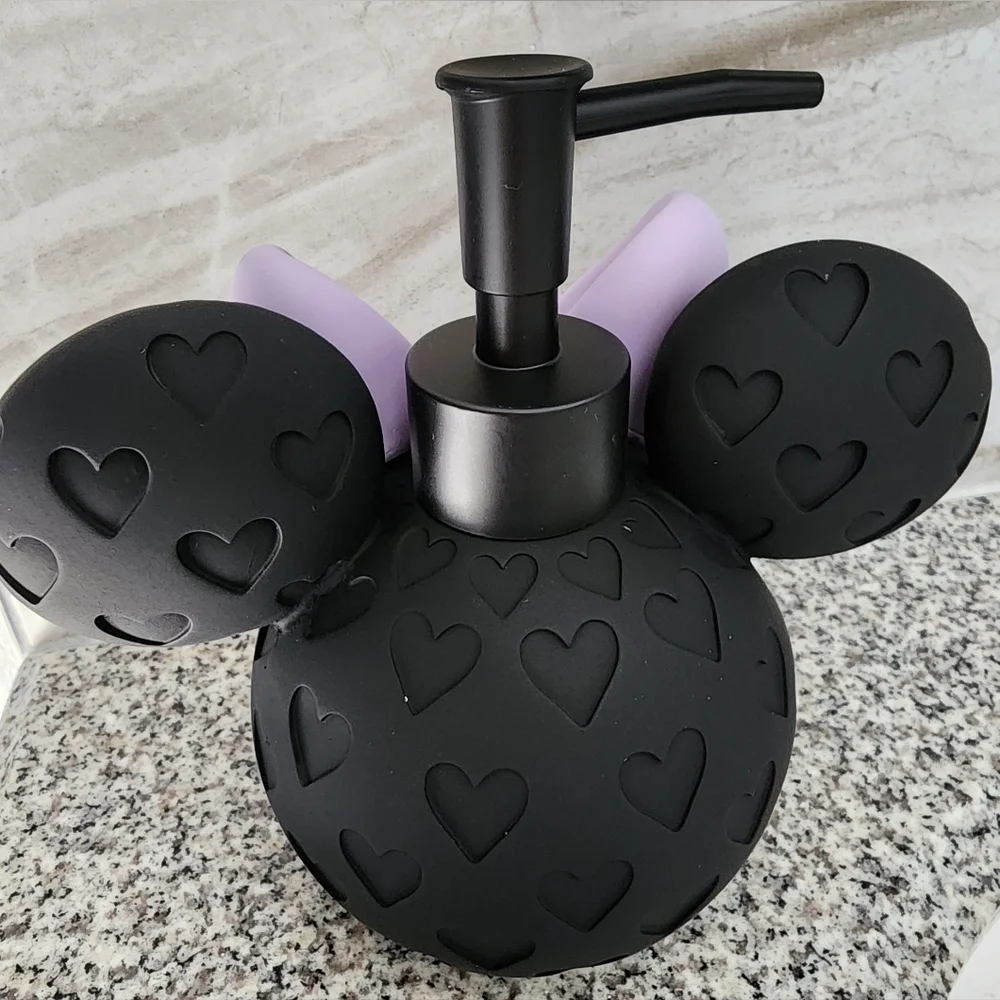 NWT Disney Minnie Mouse Black Soap Dispenser 6in Purple Heart Bow Lotion Pump